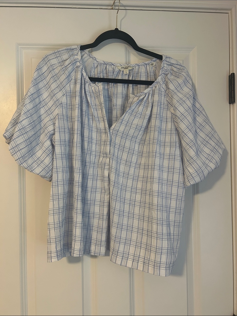 Max Studio Light Blue Plaid Peasant Blouse